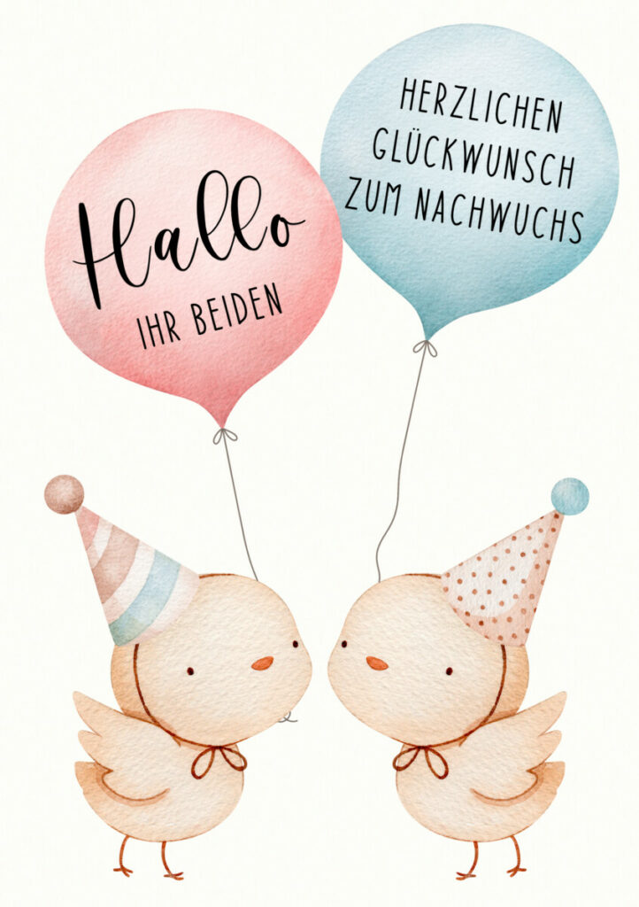 Wie Schreibt Man Hallo Ihr Beiden Glückwunschkarte zur Zwillingsgeburt mit niedlichen Vögel und