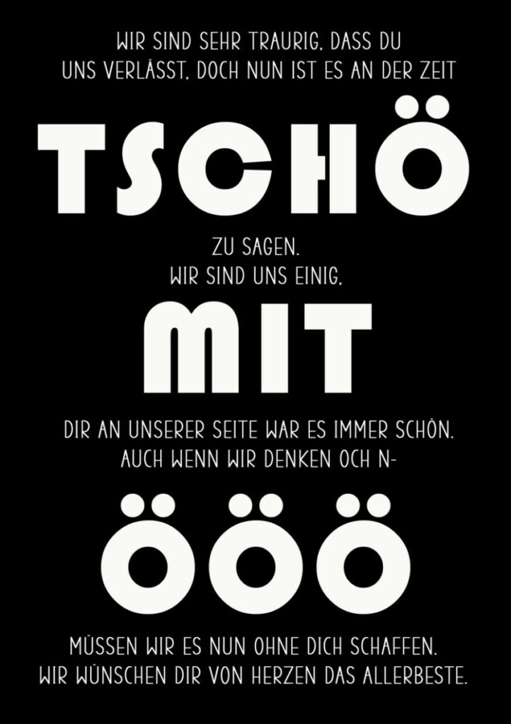 Humorvoller Abschied Digitale Gruppengrußkarte “Tschöö mit ÖÖÖ” auf schwarzem Hintergrund